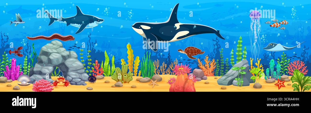 Underwater landscape game background with killer whale and stingray ...