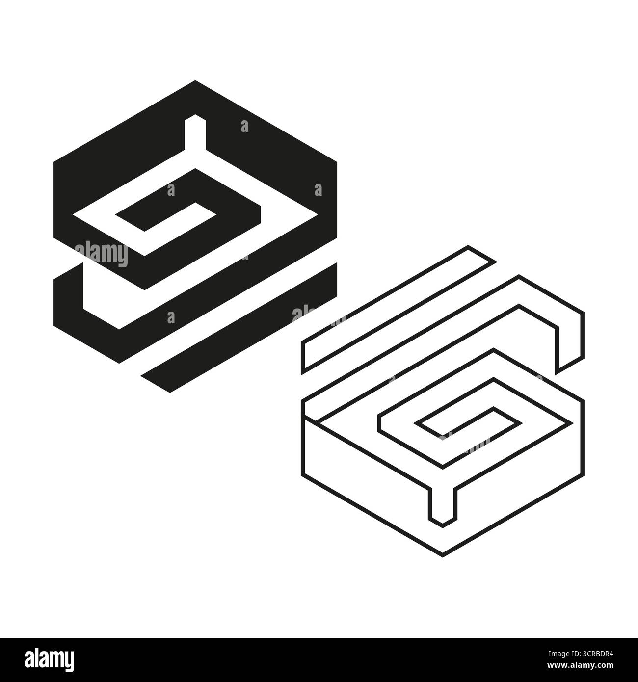Isometric geometric elements. Abstract 3D shape. Black outline design ...