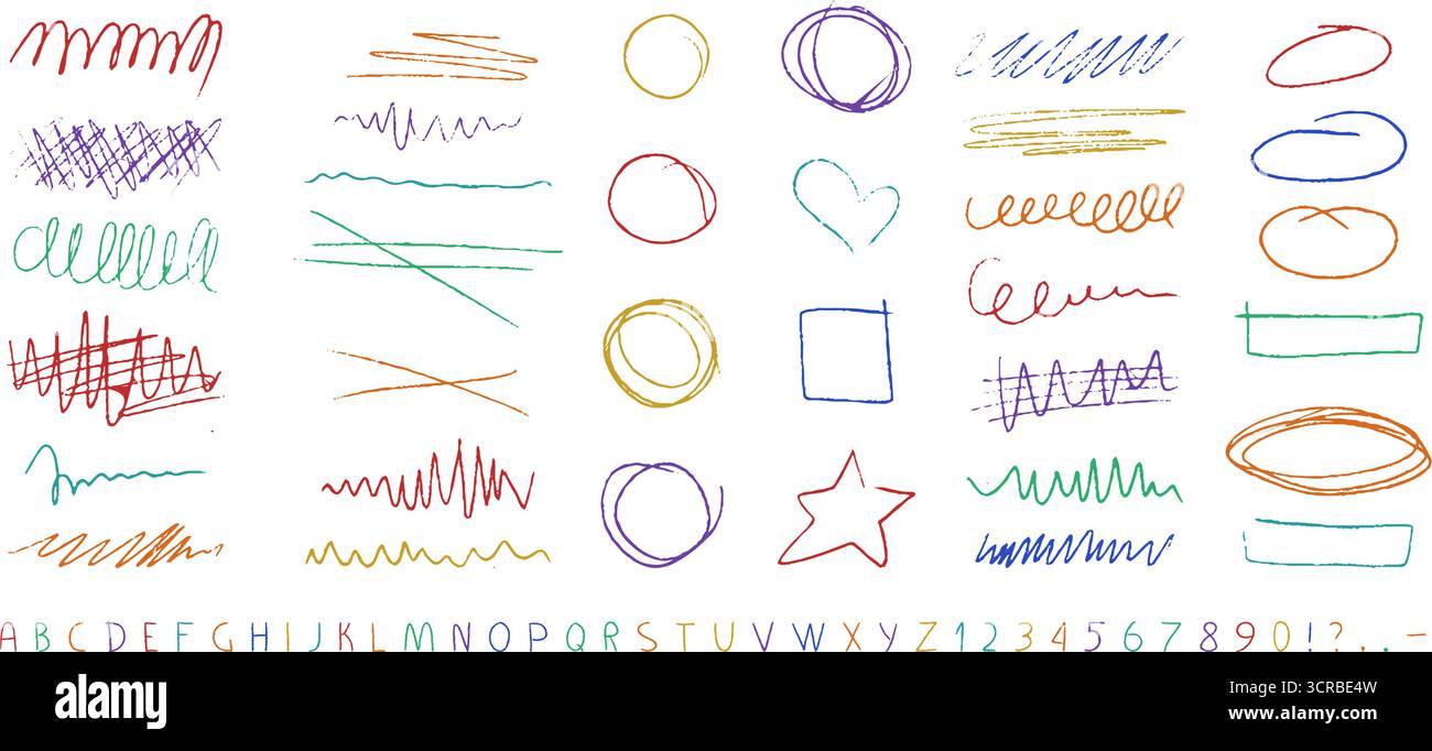 Crayon English font accompanied by matching underline elements. Stock Vector