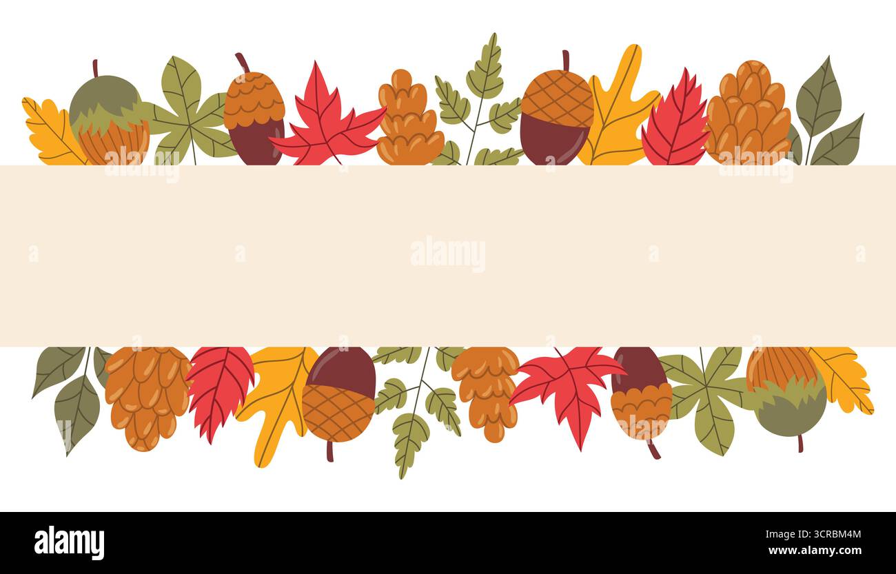 Autumn poster with decorative borders of leaves, nuts, acorns, and ...