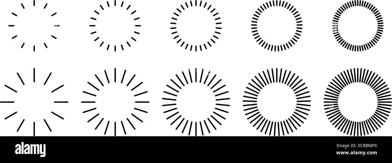 Lines dash round pattern. Circle border frame with rays. Simple vector set of repeating striped contours. Stock Vector