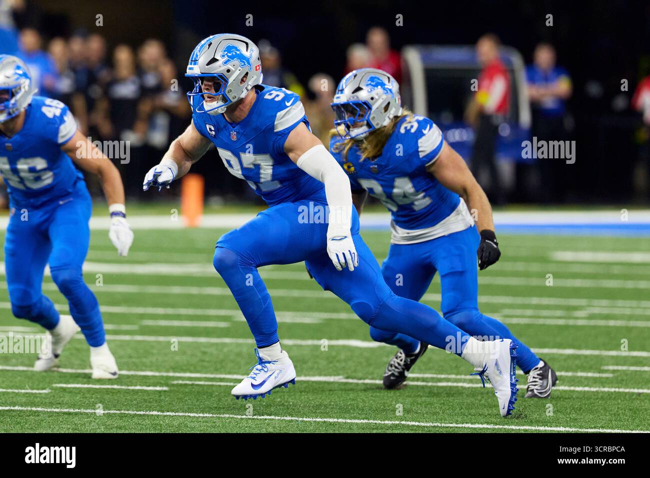 Detroit Defense Detroit Lions defensive end Aidan Hutchinson (97) rushes on defense ...