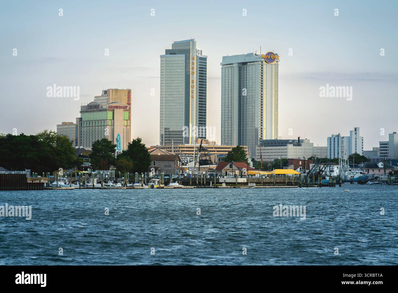 Atlantic City, NJ - Aug 28, 2025: Skyline view from the Clam Creek (Atlantic City Cruising Area) of Hard Rock Hotel and Showboat skyscrapers Stock Photo