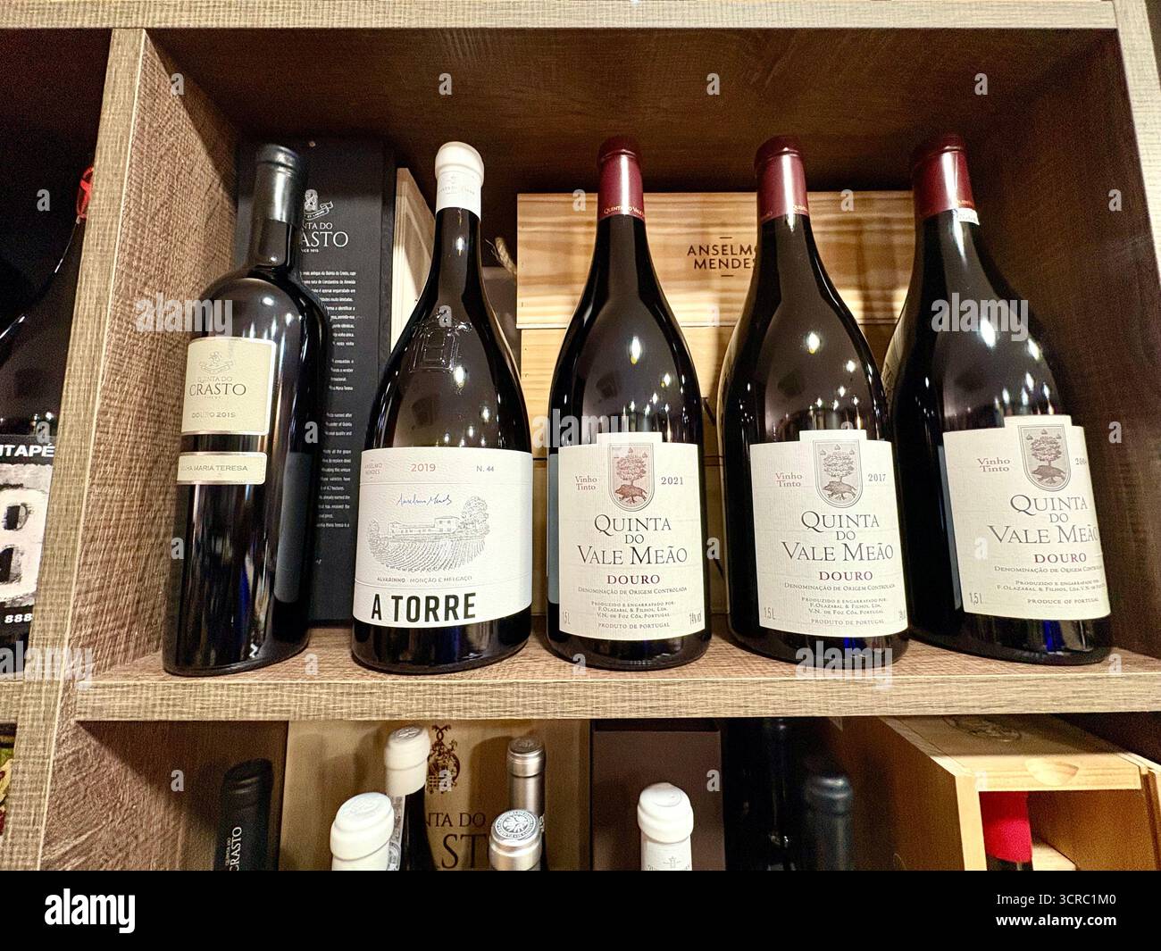 Portuguese red wine Quinta Do Vale Meao, Duoro wine region, displayed in a local restaurant, Portugal,Europe - Smartphone Captured Stock Image