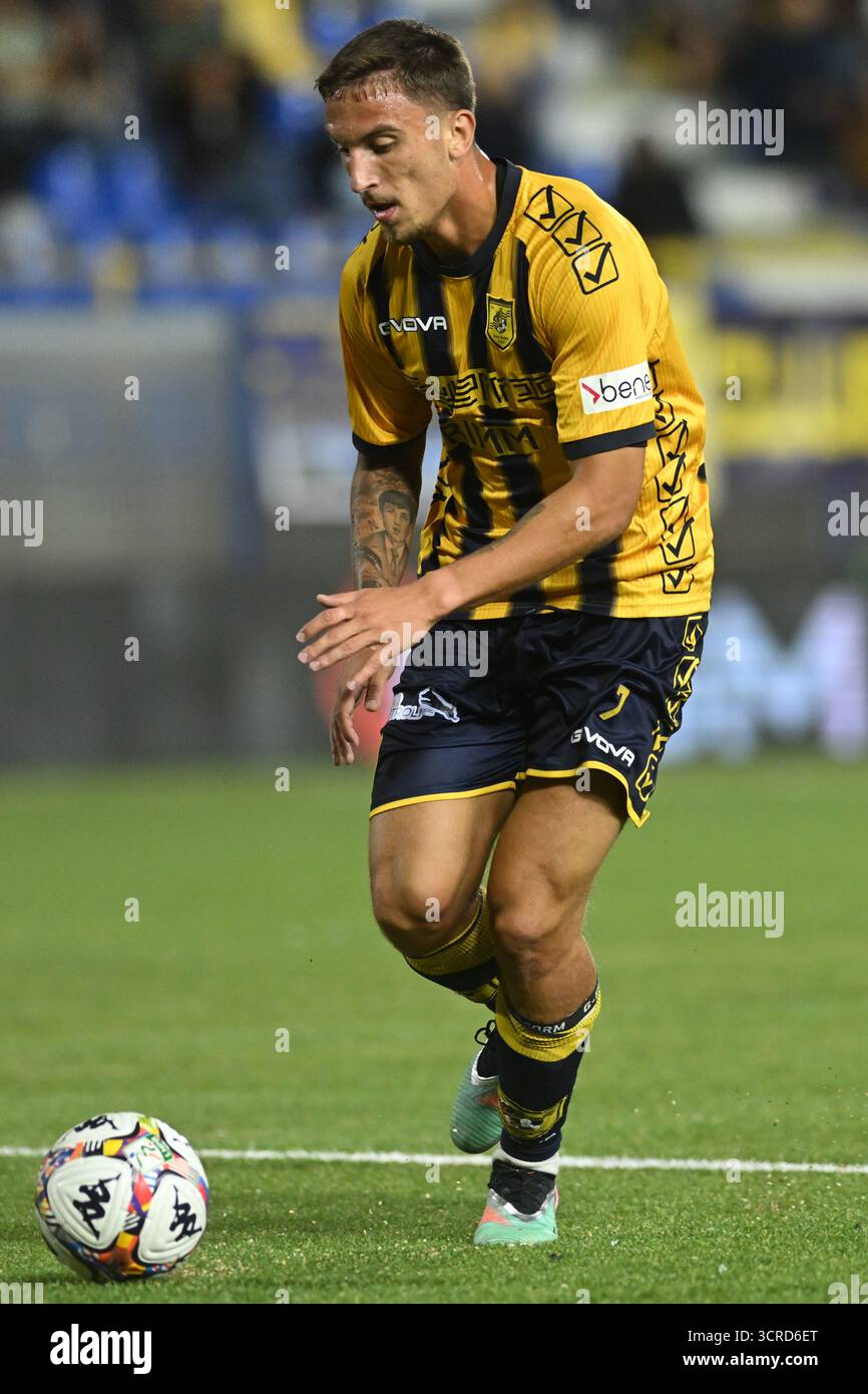 Castellamare di Stabia, Italy, 30 September  Rares Burnete of SS Juve Stabia  competes for the ball with during the  Serie BKT  SS Juve Stabia  vs  Mantova 1911  :Agostino Gemito/ Alamy Live News Stock Photo