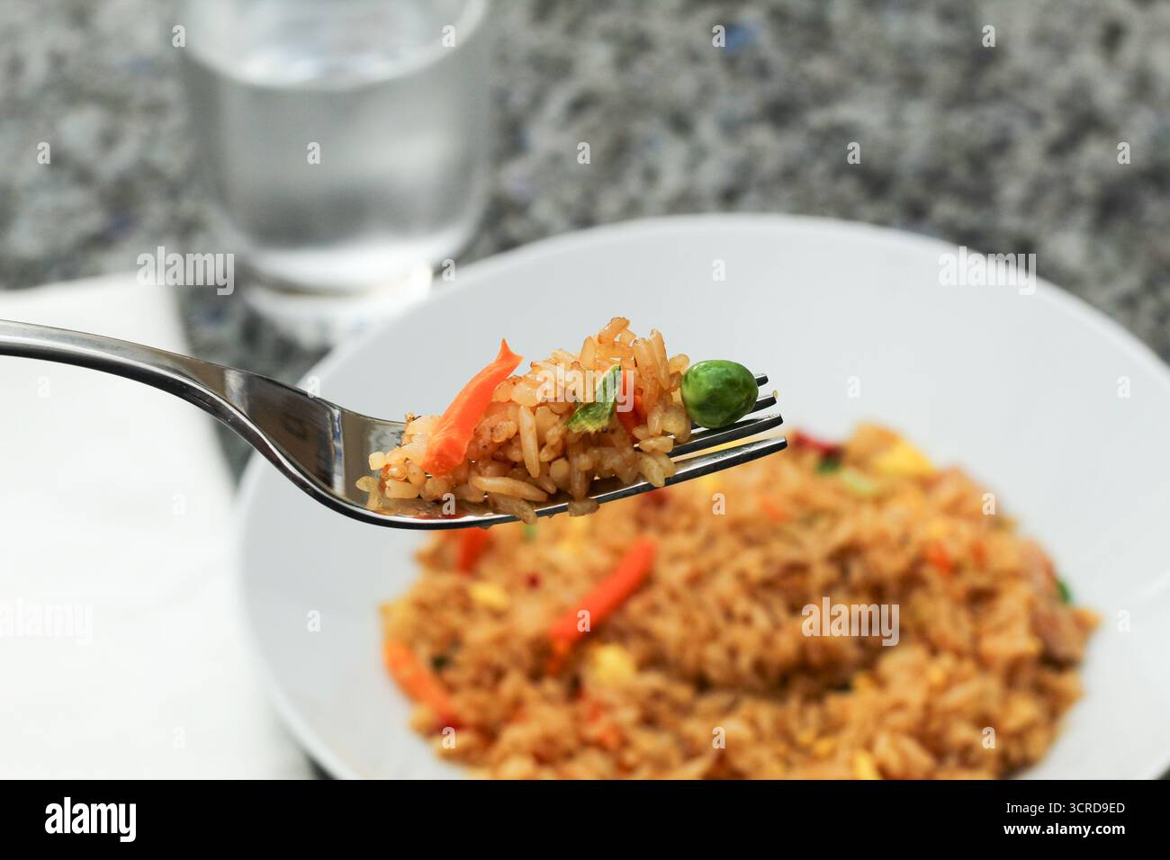 Closeup forkful of chicken fried rice with vegetables Stock Photo