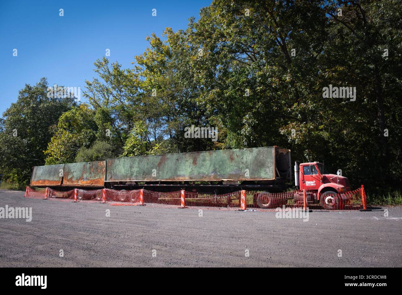 A parked truck with a huge trailer behind it. Off Route 100 in Katonah, New York. Stock Photo