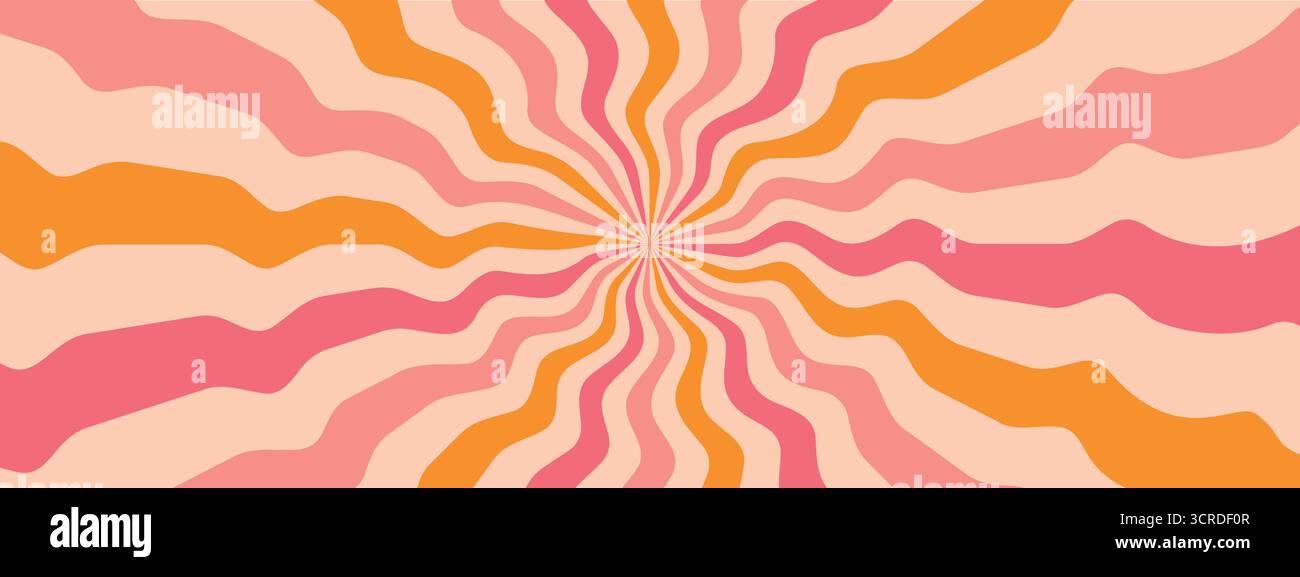 Vector starburst pattern. Pink and yellow groovy background with wavy rays Stock Vector