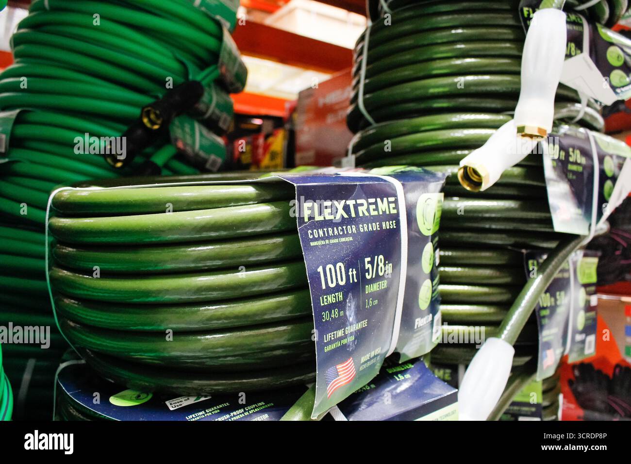 Los Angeles, California, United States - 07-22-2020: A view of several packages of Flextreme contactor grade hose, at the store. Stock Photo