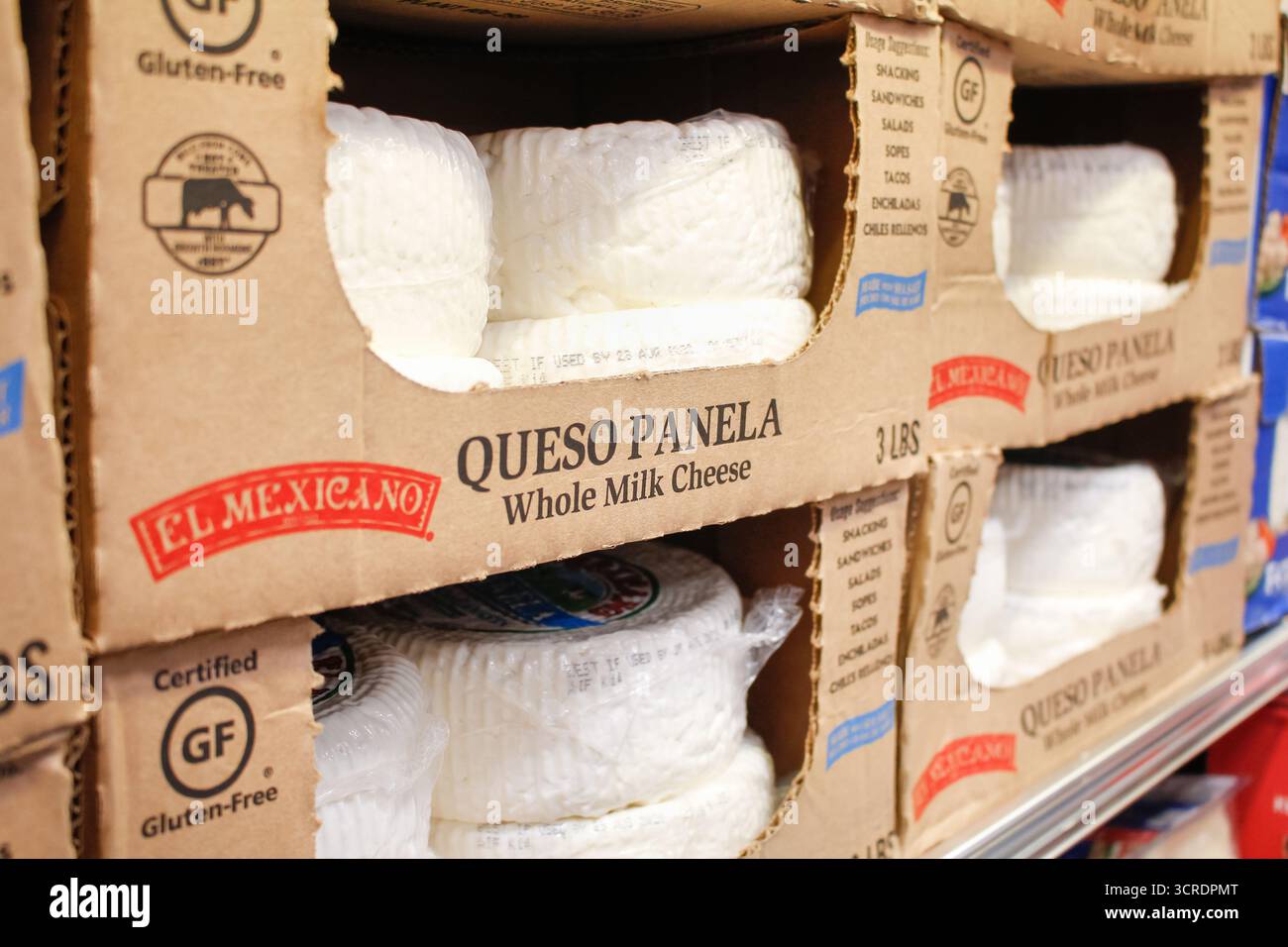 Los Angeles, California, United States - 07-22-2020: A view of several packages of El Mexicano queso panela cheese, at the store. Stock Photo
