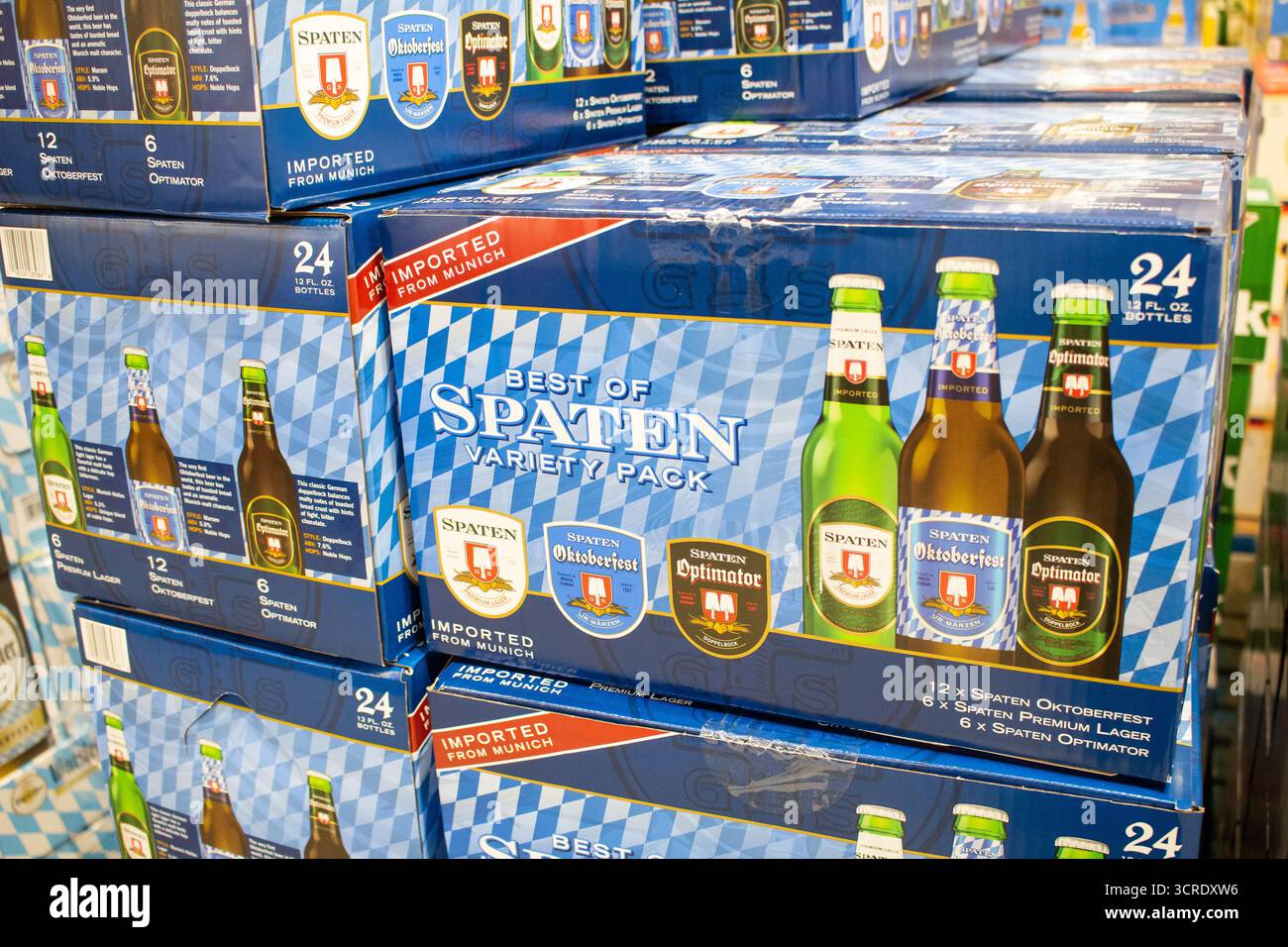 Los Angeles, California, United States - 09-01-2020: A view of several cases of The Best of Spaten Variety Pack, at the store. Stock Photo