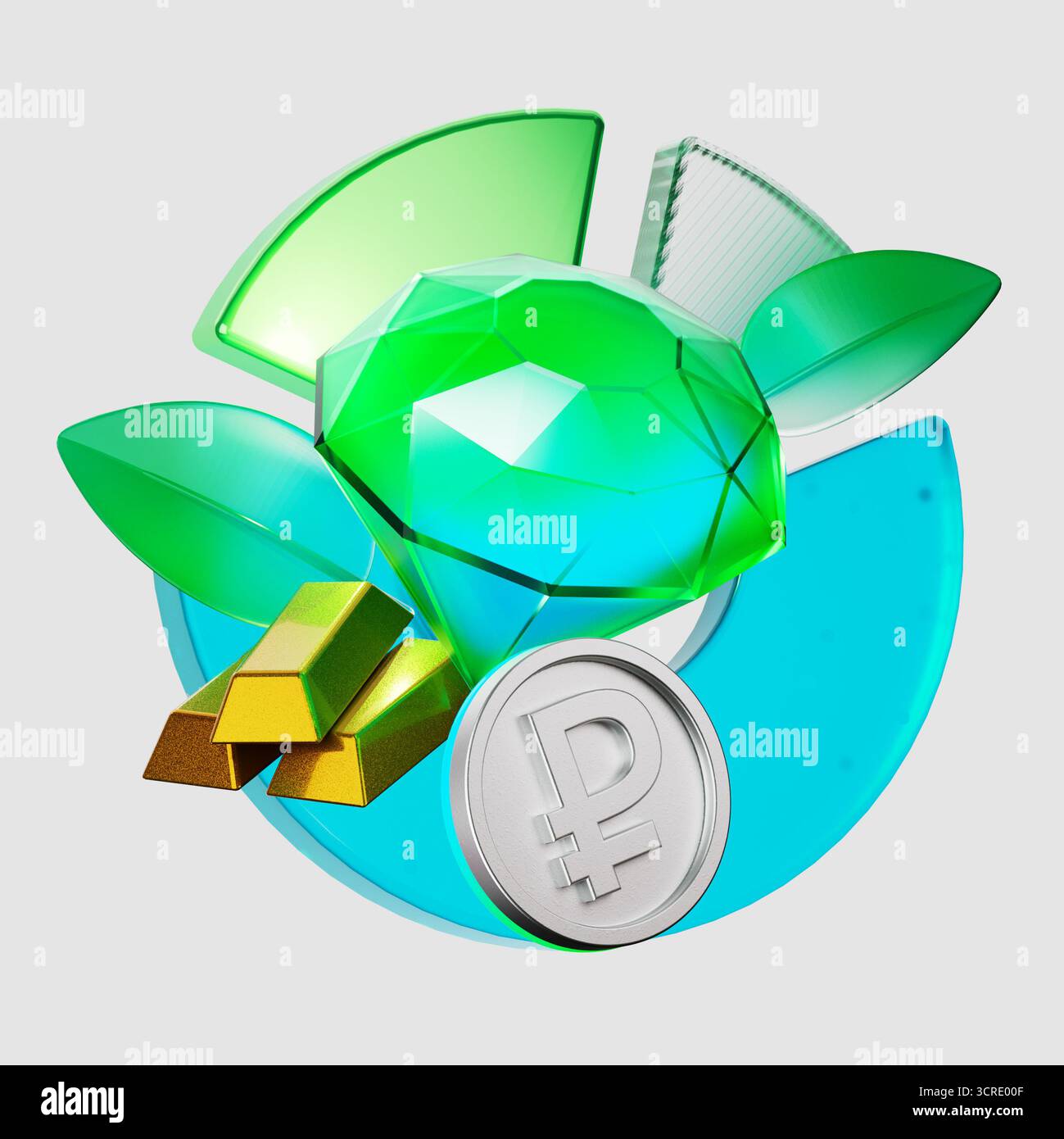 3D rendering of a glass diamond. Gold bars. A ruble coin with arrows and a graph. The concept of finance, contributions to natural resources. Digital Stock Photo