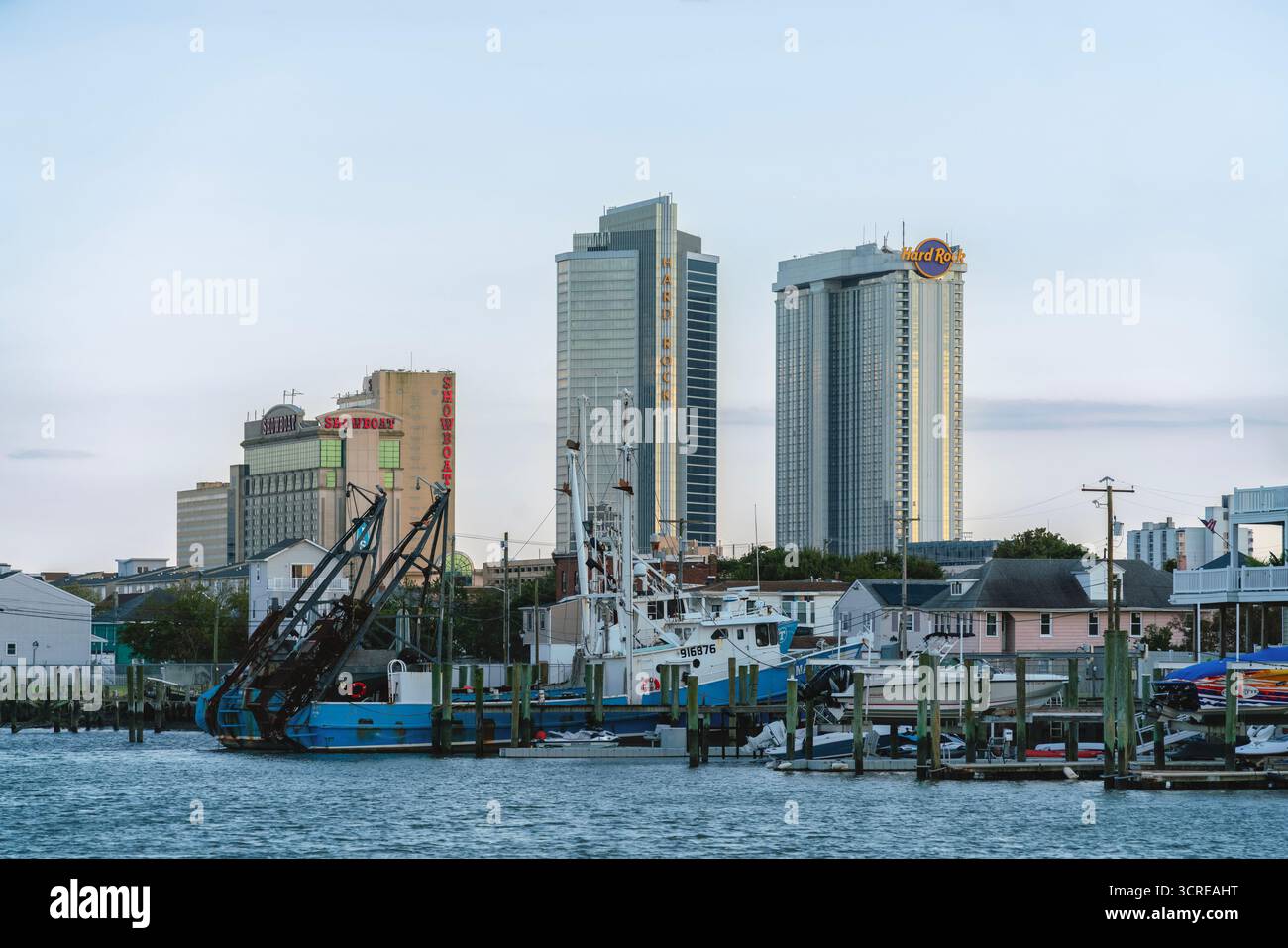 Atlantic City, NJ - Aug 28, 2025: Skyline view from the Clam Creek (Atlantic City Cruising Area) of Hard Rock Hotel and Showboat skyscrapers Stock Photo