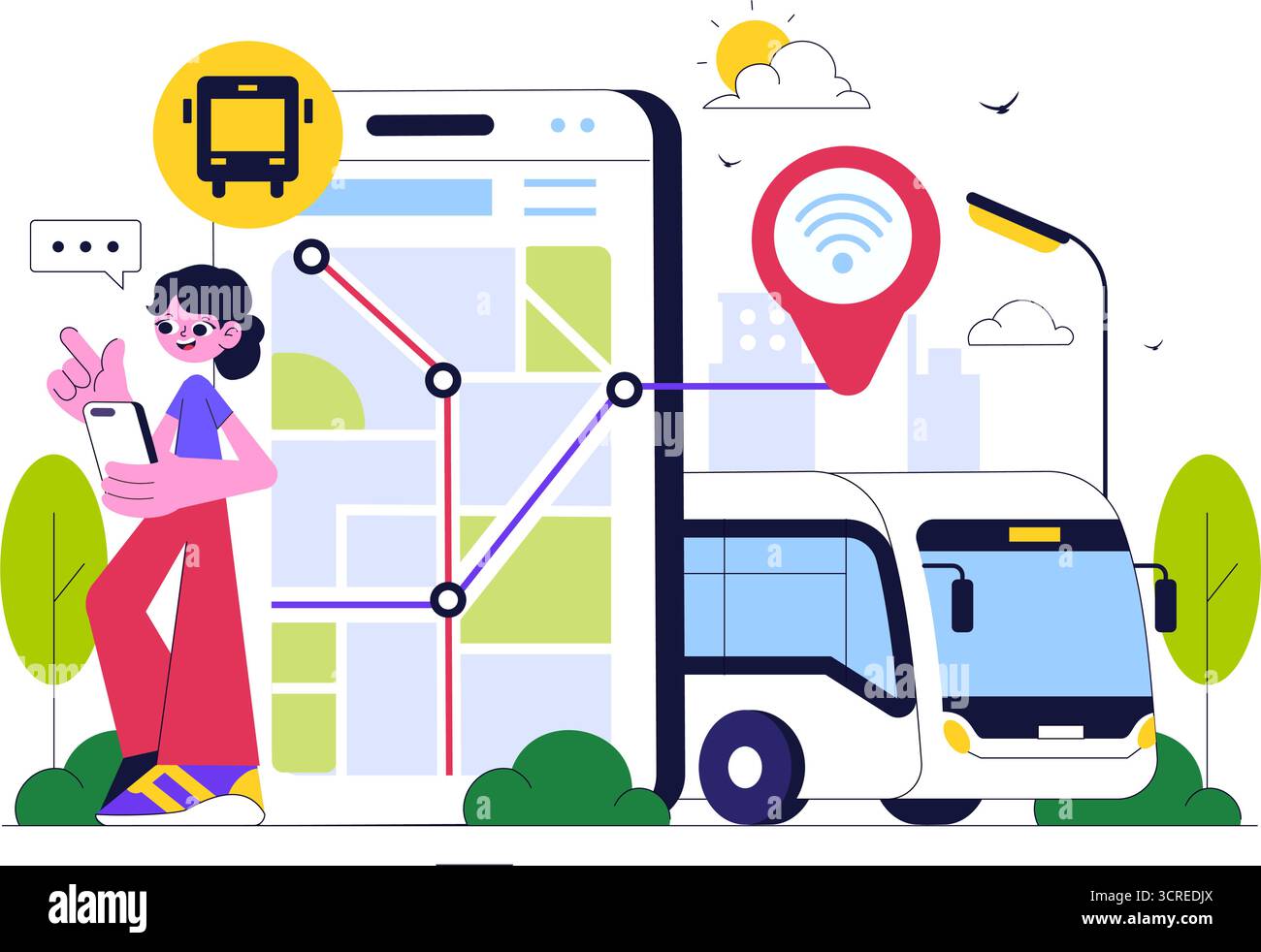 Smart Public Transport System Illustration Featuring Mobile Tracking ...