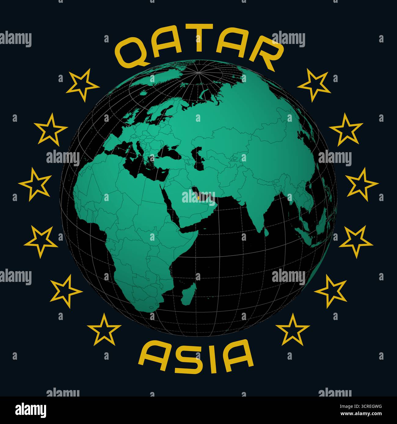 Qatar on Globe. Round country and continent name text. Country view on ...