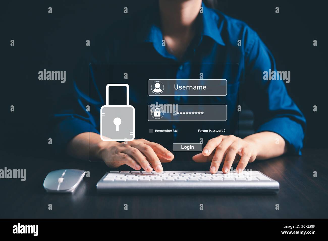 User accesses secure internet system through advanced high technology, username, password, ensuring encryption, strong cybersecurity for information s Stock Photo
