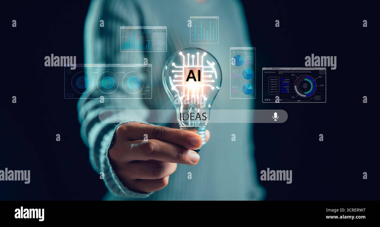 AI innovation concept with glowing light bulb and digital data dashboards, symbolizing artificial intelligence, creativity, analytics, technology and Stock Photo