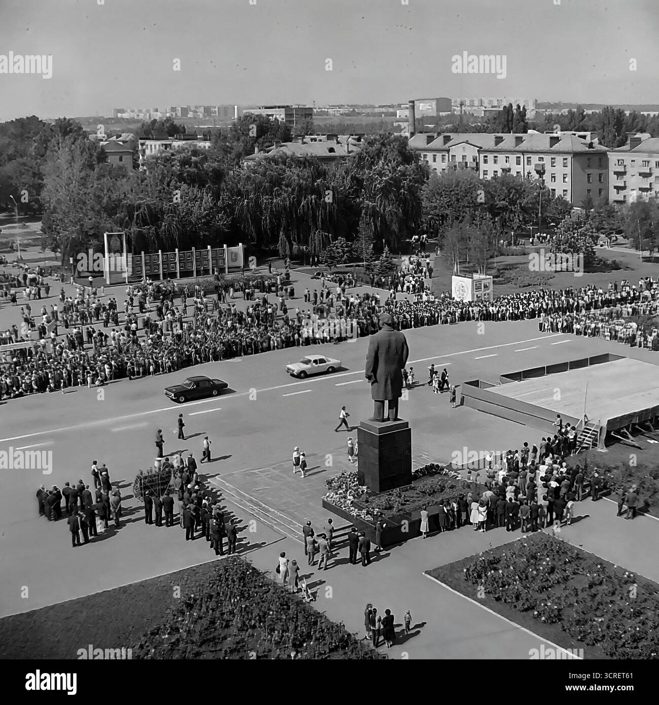 An authentic black and white aerial view from the 1980s captures a ...