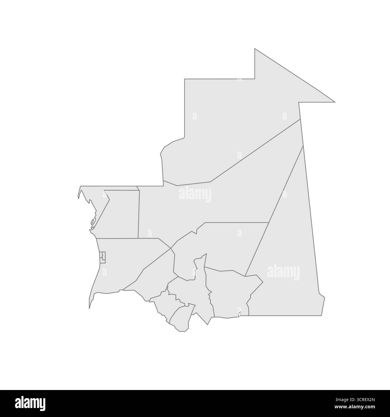 Mauritania political map of administrative divisions - regions and Nouakchott departments. Grey blank vector editable map EPS. Stock Vector