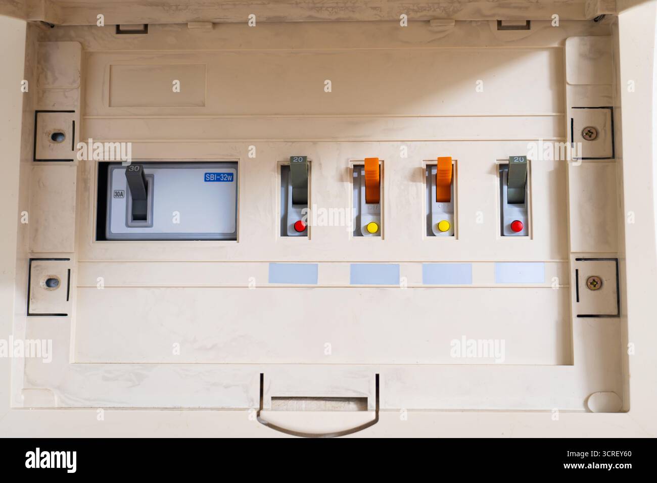 Voltage switchboard with circuit breakers. Electrical switchboard Stock Photo