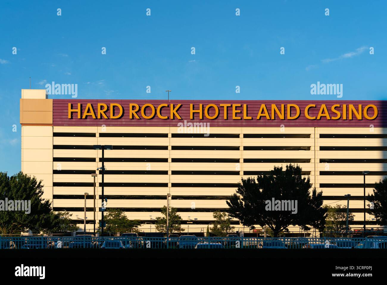 Atlantic City, NJ - Aug 25, 2025: Close-up view from the Clam Creek (Atlantic City Cruising Area) of Hard Rock Hotel and Showboat skyscrapers Stock Photo