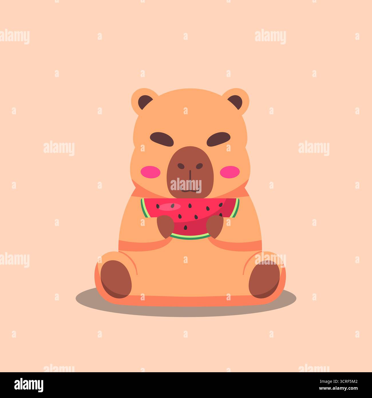 Cartoon Cute Capybara Eating Watermelon Stock Vector