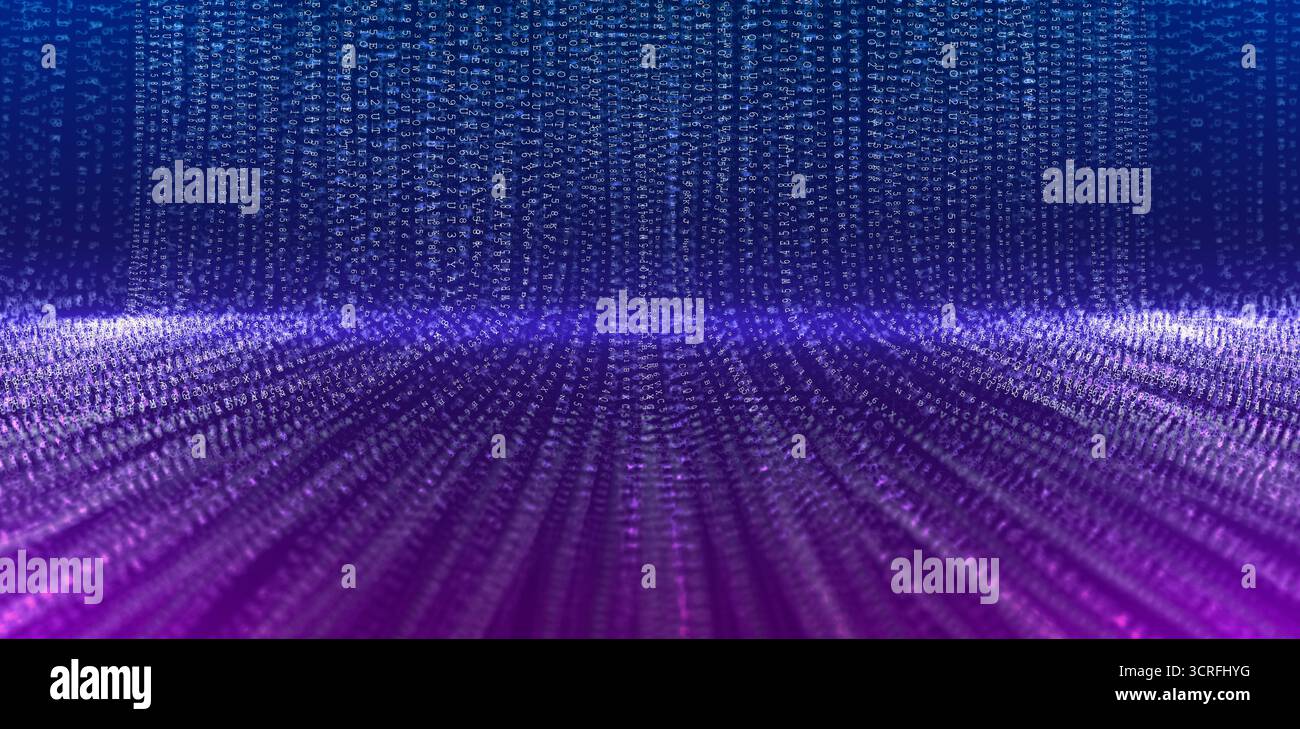 Futuristic visualization of flowing digital numbers and matrix code in vibrant gradient colors, perfect for themes of AI, blockchain, data analysis, m Stock Photo