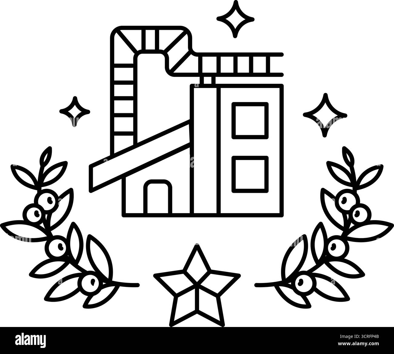 A black and white drawing of a building with a star and leaves surrounding it. The building is a factory and the star is a symbol of success Stock Vector