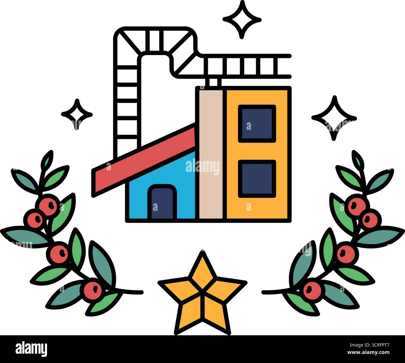 A black and white drawing of a building with a star and leaves surrounding it. The building is a factory and the star is a symbol of success Stock Vector