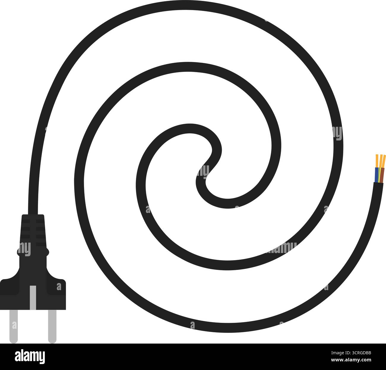Black electrical cable. Coiled power cord with plug and exposed wiring vector Stock Vector