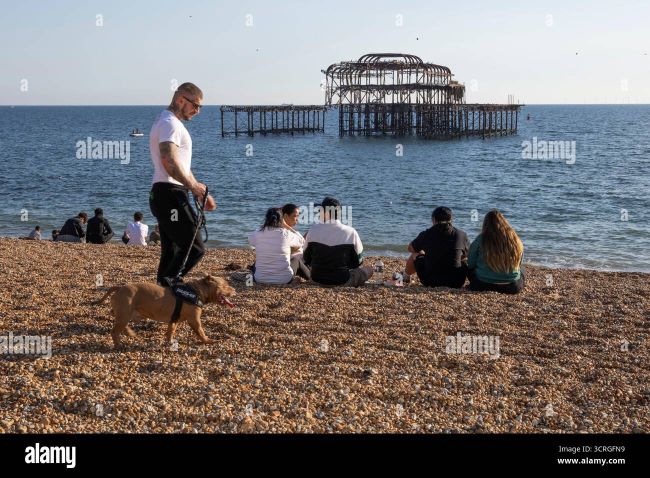 People sitting on beach in afternoon sunshine with Brighton West Pier behind, Brighton, East Sussex, England, United Kingdom, Europe Stock Photo