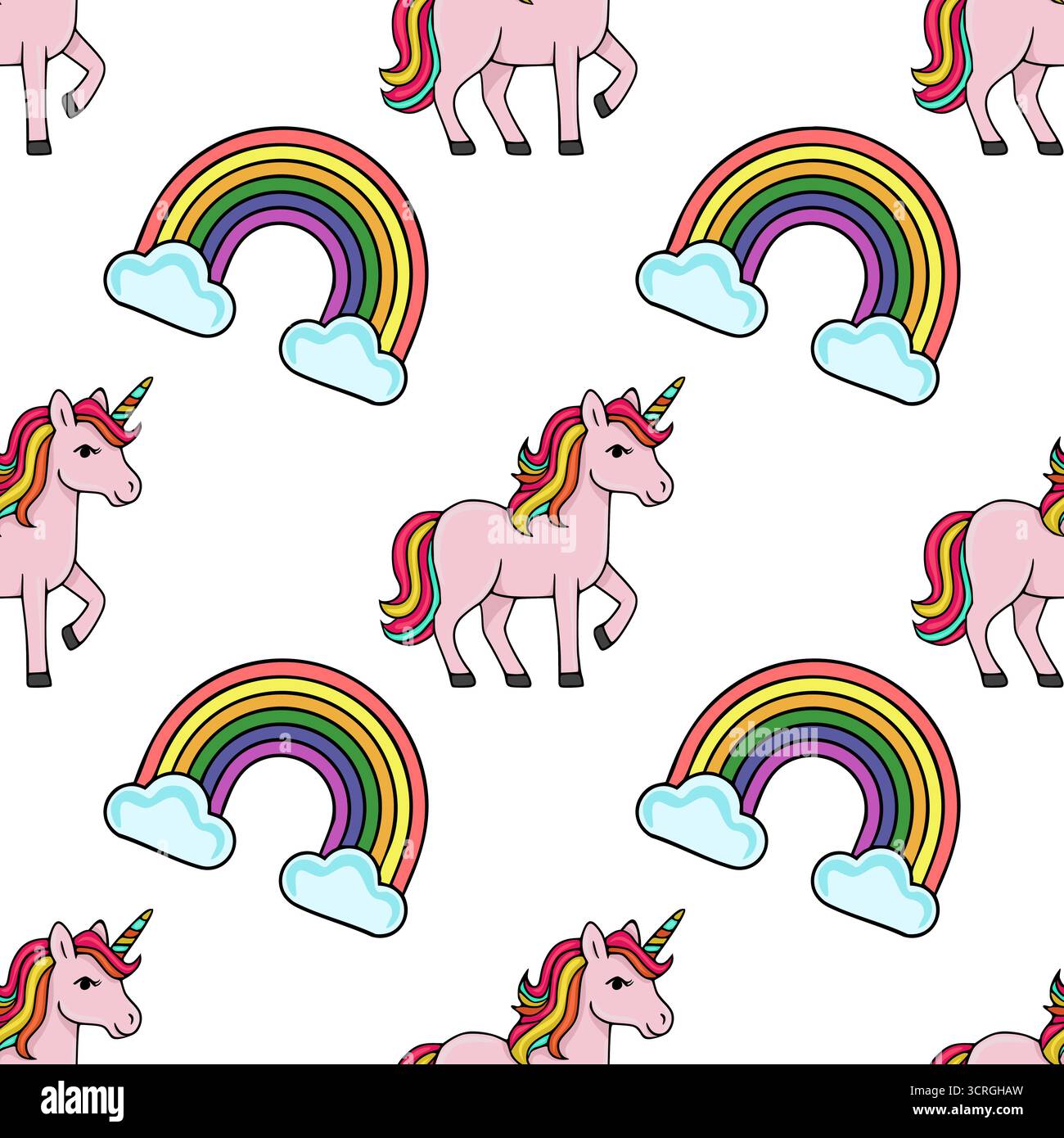 Seamless vector pattern of cute pink unicorns with colorful manes and ...