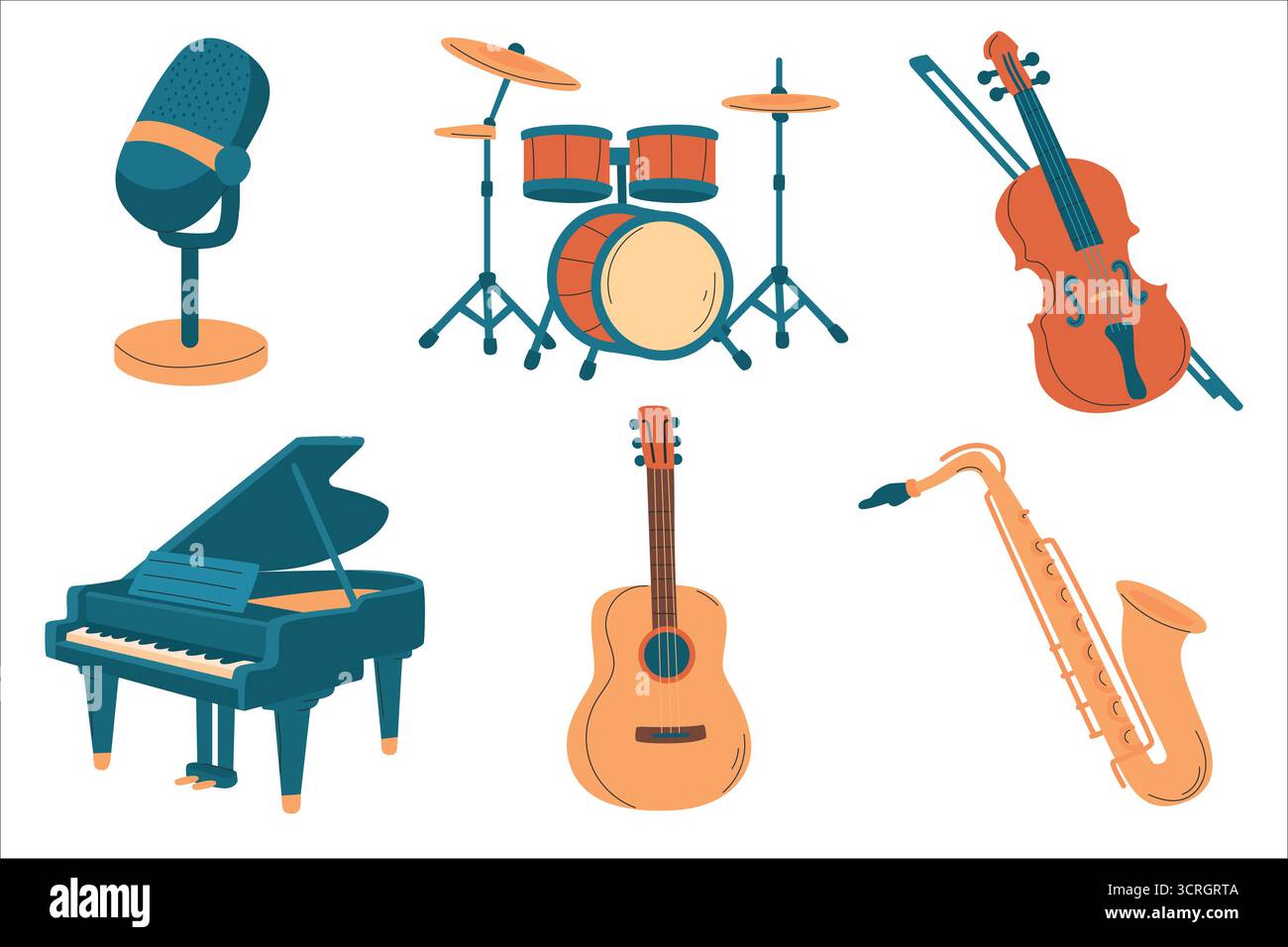 A collection of musical instruments including a microphone, drums ...