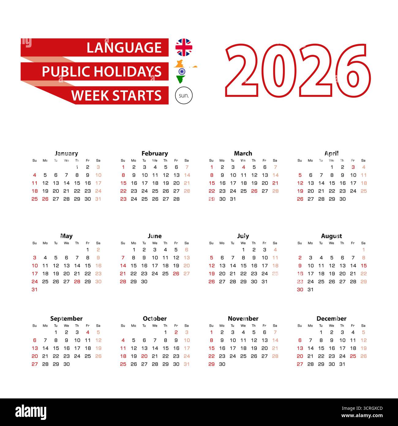 Calendar 2026 in English language with public holidays the country of