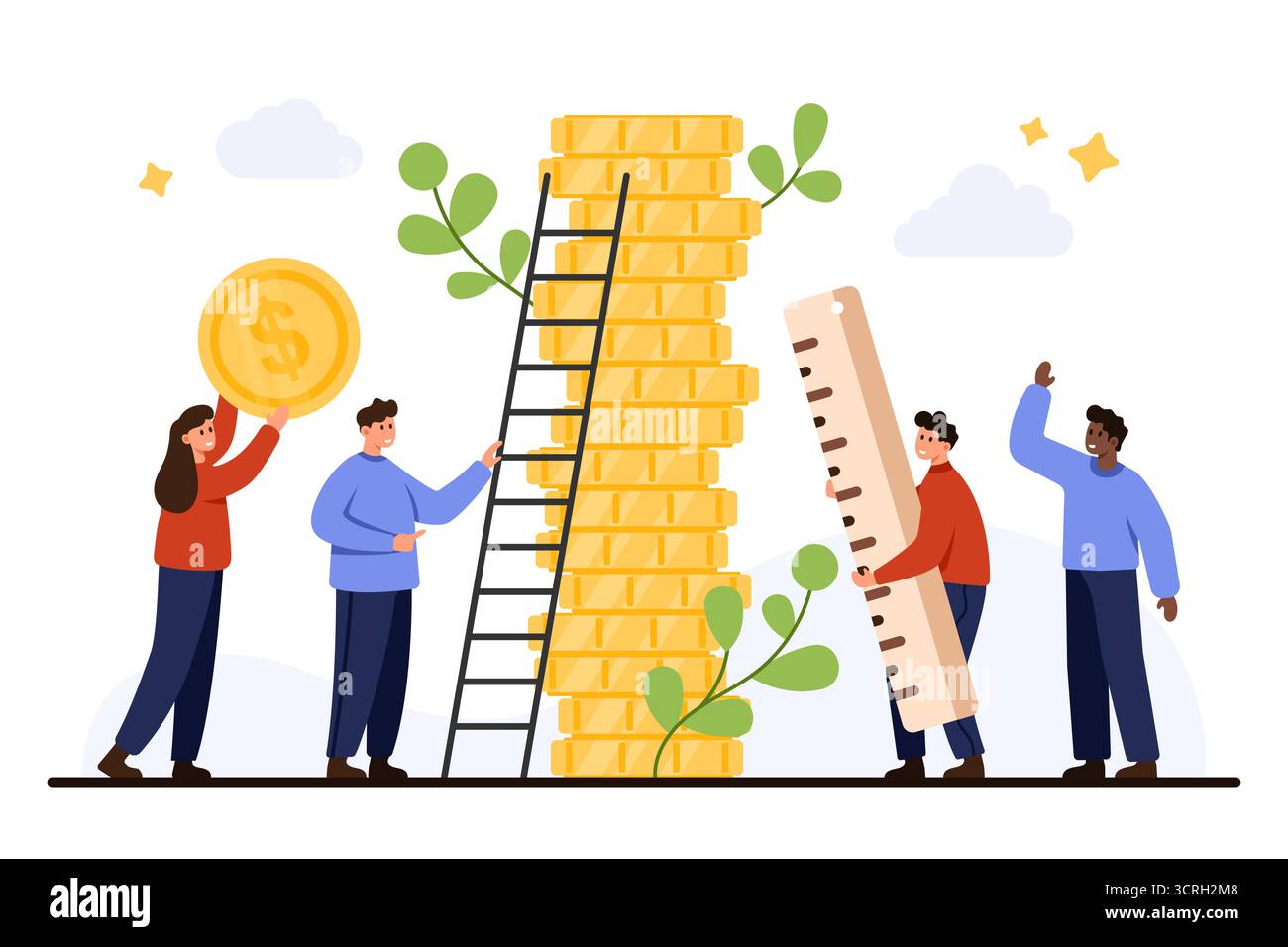 Business team measuring profit increase with coins, ladder, and ruler ...