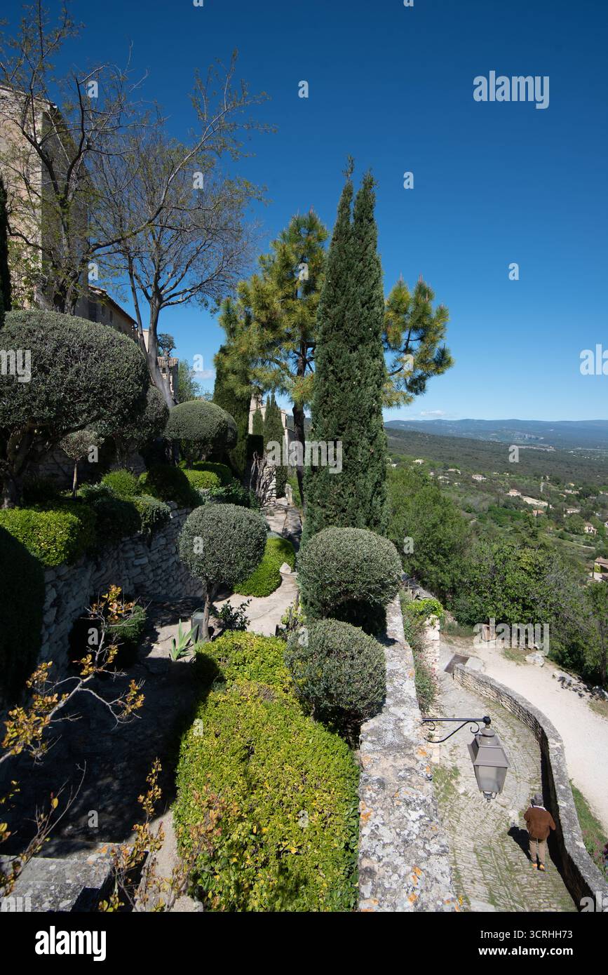 View over the Luberon Regional Park and the Calavon Plain from the Terraced Gardens of the Palais Saint-Firmin Gordes Vaucluse Provence France Stock Photo