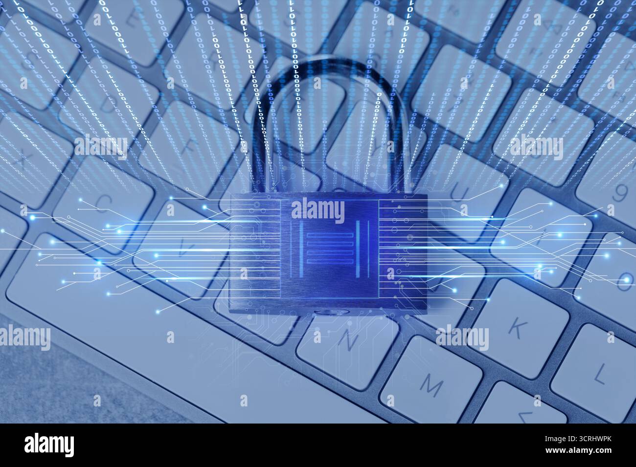 Padlock with digital fingerprint scan on computer keyboard, toned in blue. Circuit board pattern and binary code. Cyber security Stock Photo