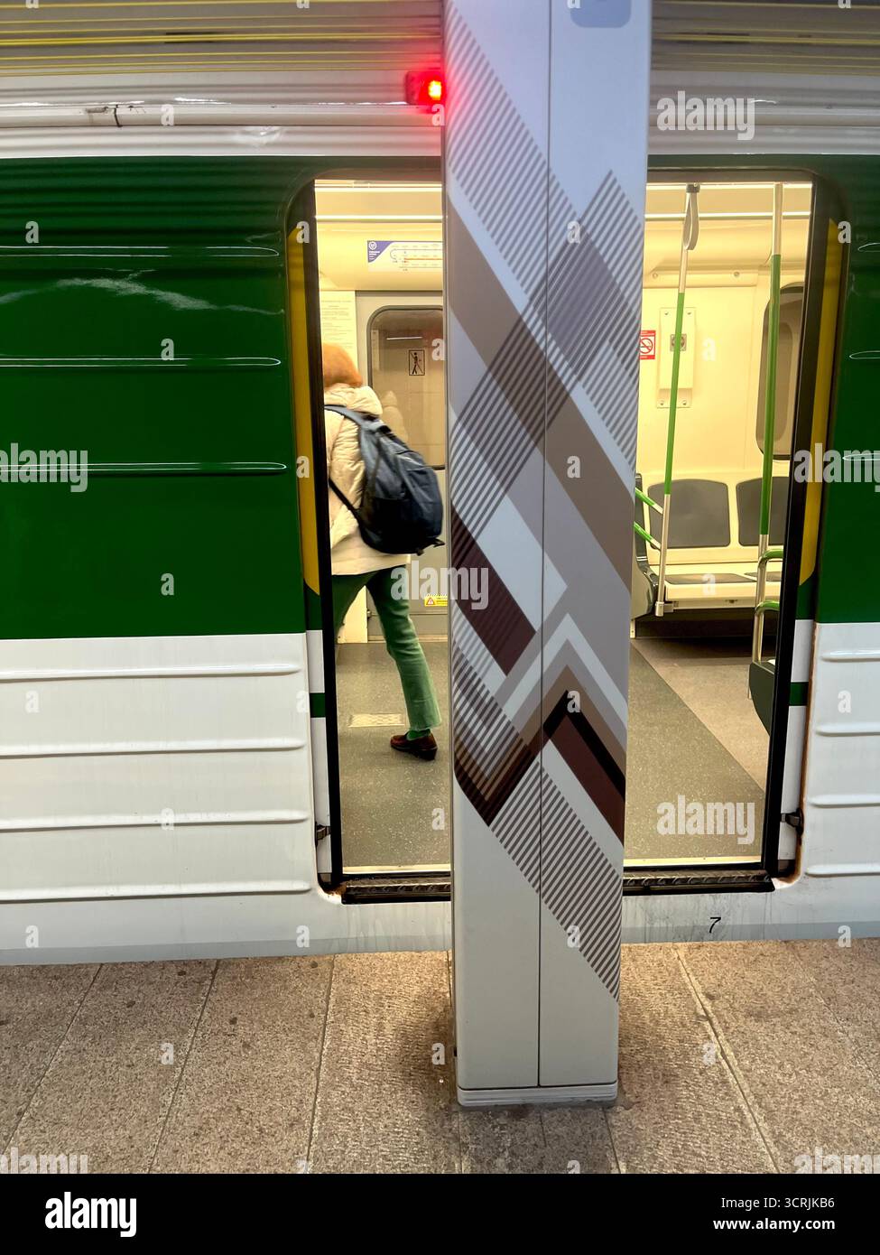 Platform screen barriers panel blocking carriage entry on a Metro platform in Sofia Bulgaria, Eastern Europe, Balkans, EU - Smartphone Captured Stock Image