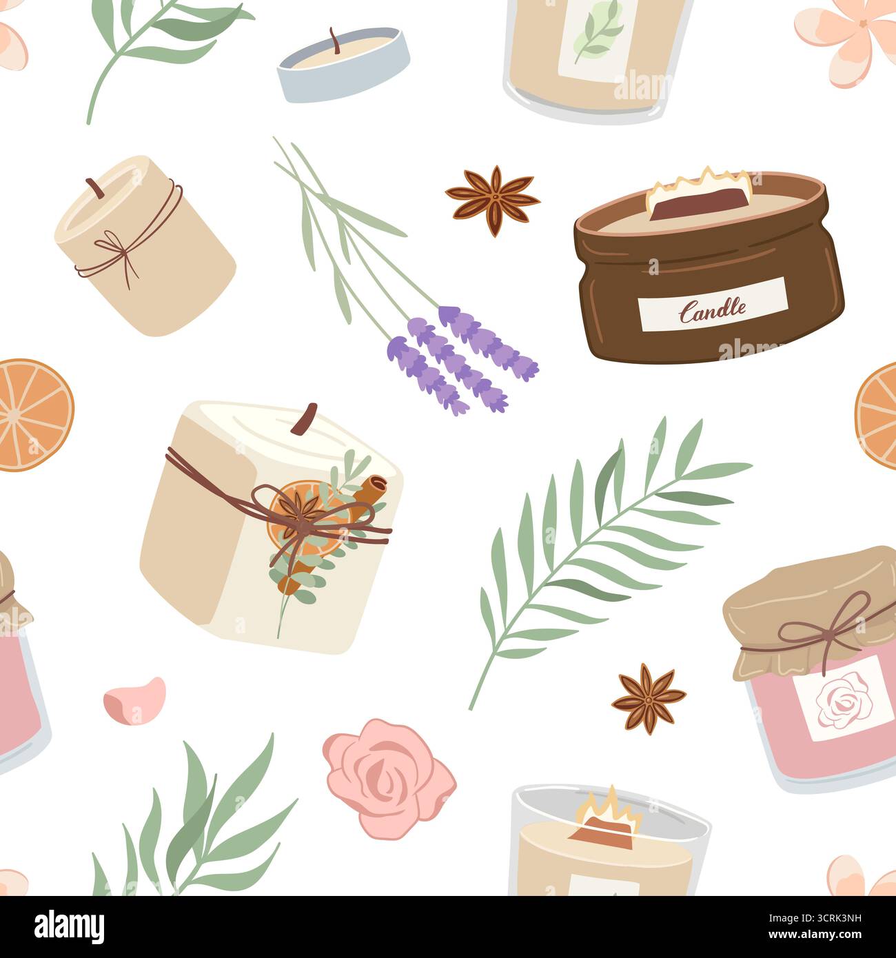 Seamless pattern with scented candles. Aromatherapy and relaxation flat vector illustration Stock Vector