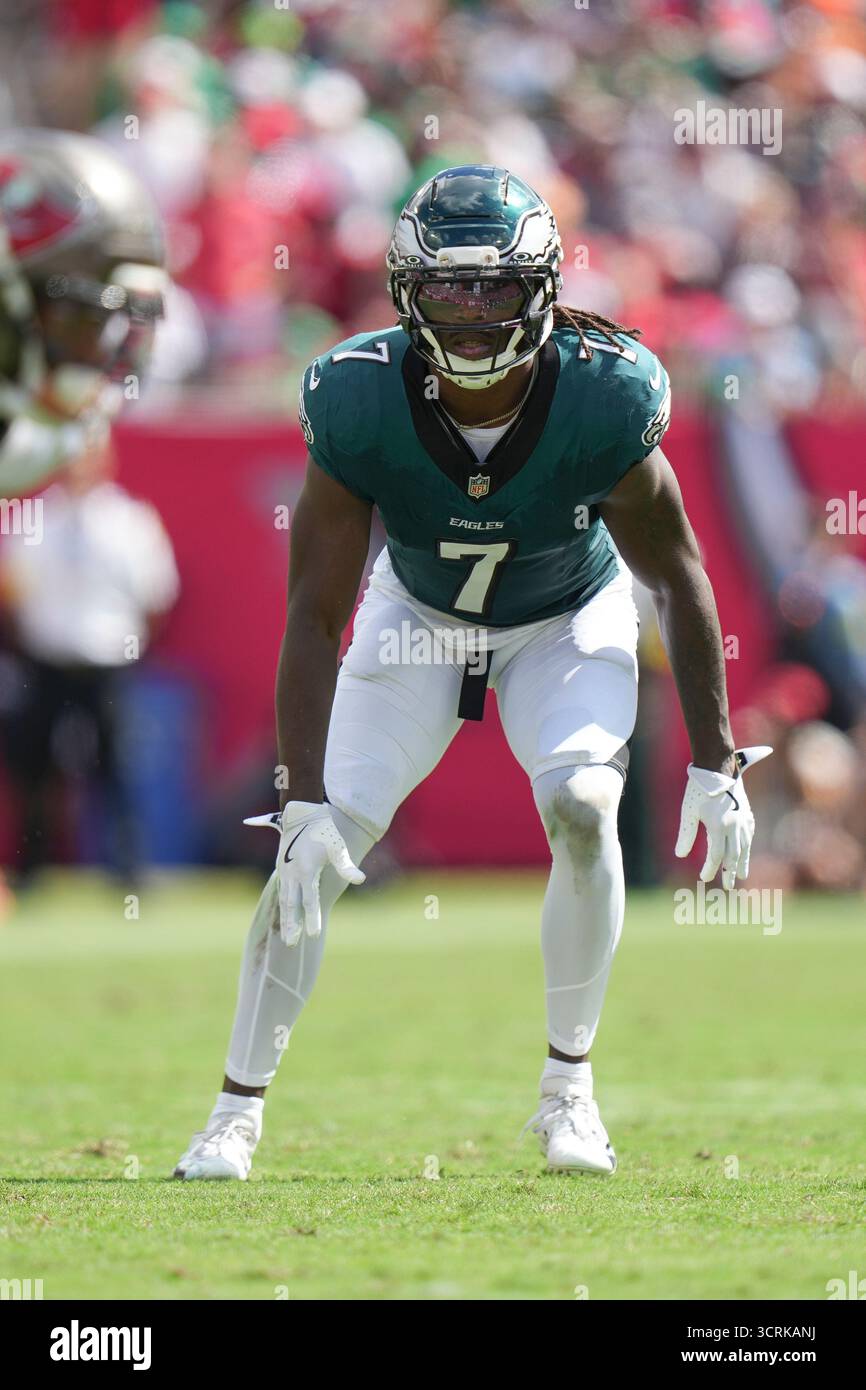 Philadelphia Eagles cornerback Kelee Ringo (7) defends near the line of ...