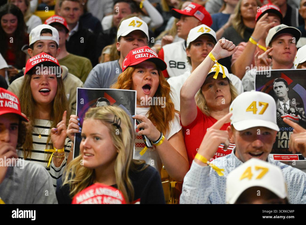 People cheer at a Turning Point USA rally on the campus of Utah State ...