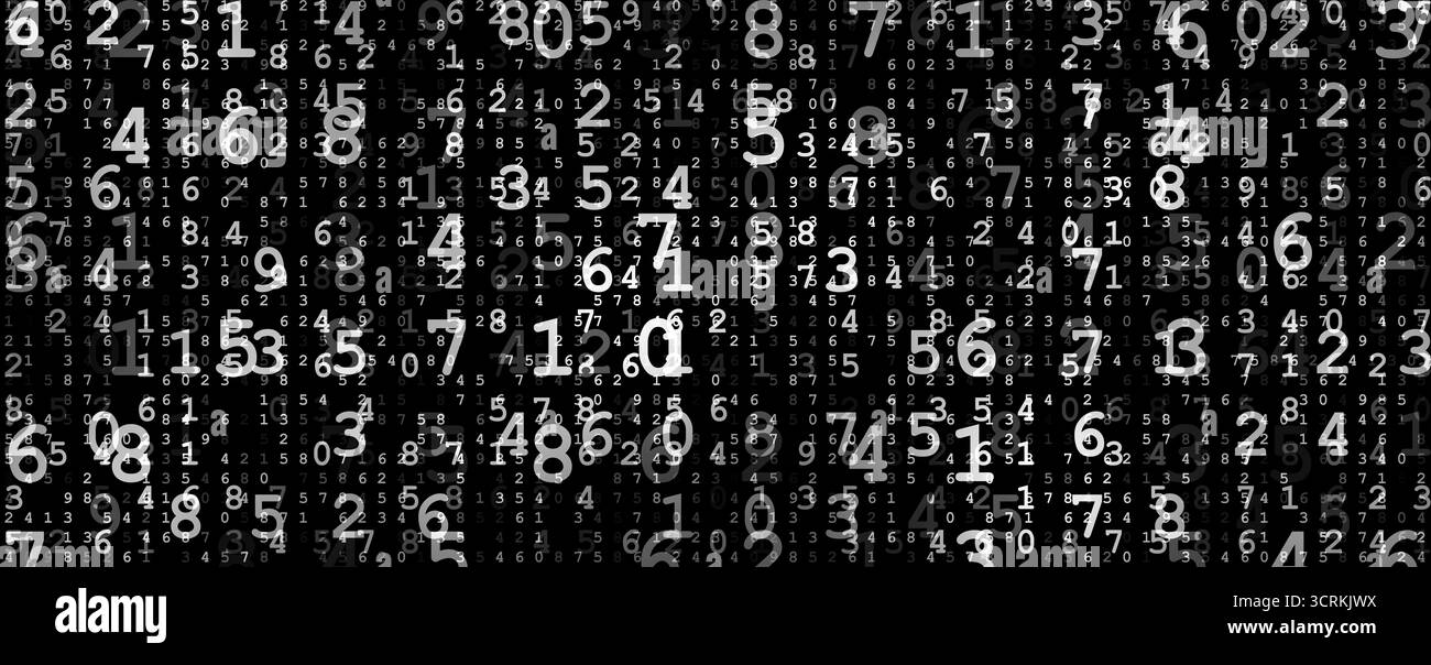 Monochrome glowing number matrix pattern, representing coding, data networks, and information science. Ideal for IT, software, analytics, finance, and Stock Photo