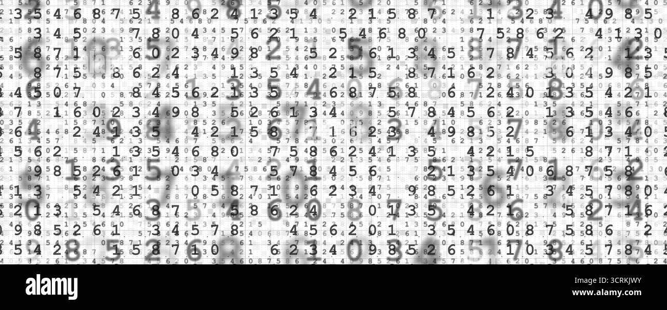 Monochrome digital number grid with blurred futuristic effect, representing machine learning, blockchain, and information networks. Great for IT, fint Stock Photo