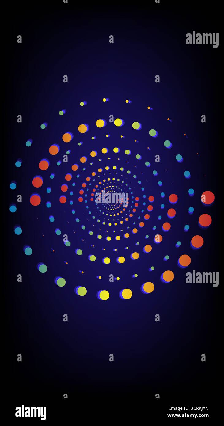 Vivid gradient dots forming a hypnotic spiral pattern on a dark background, modern abstract design, vector illustration Stock Vector