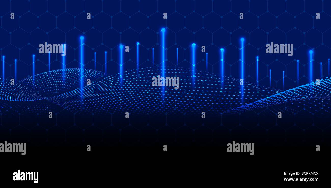 Dark blue abstract background representing technology, data, and communication. It features a dynamic, dotted mesh wave or data terrain sweeping acros Stock Photo
