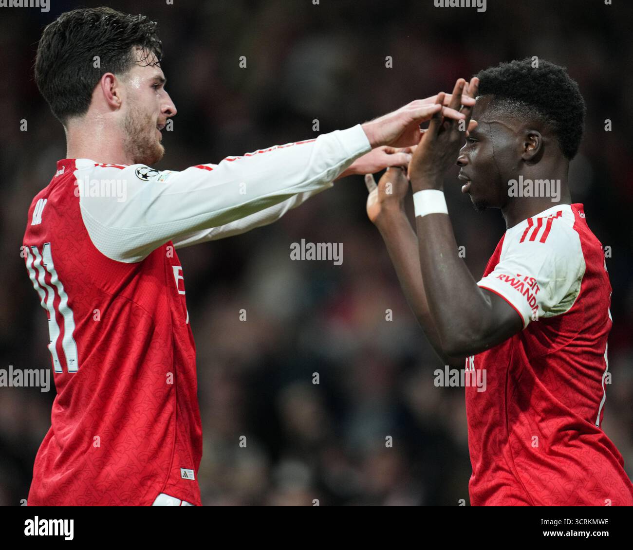 Declan Rice of Arsenal and Bukayo Saka of Arsenal celebrate second goal ...