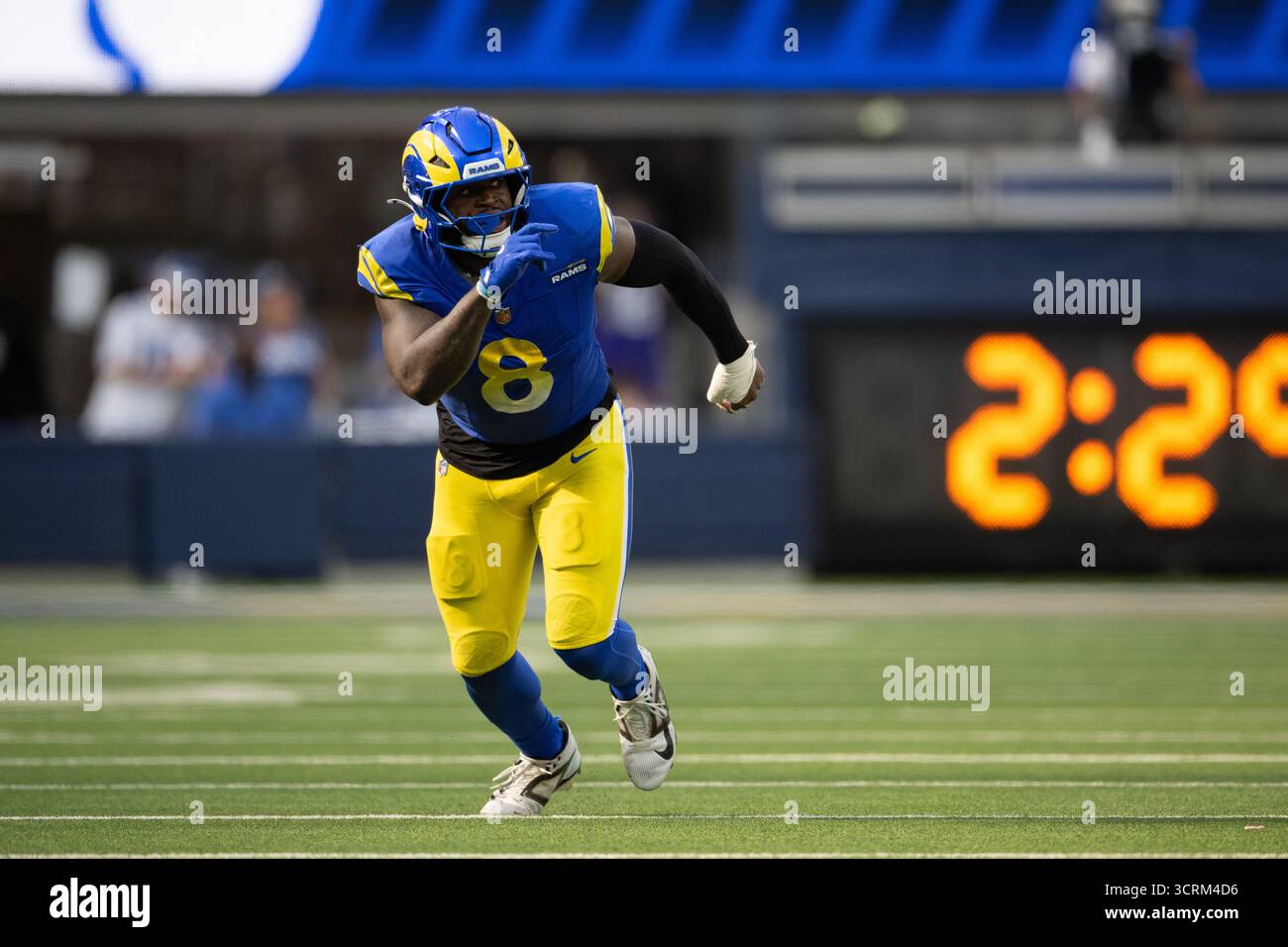 Los Angeles Rams linebacker Jared Verse (8) runs during an NFL football ...