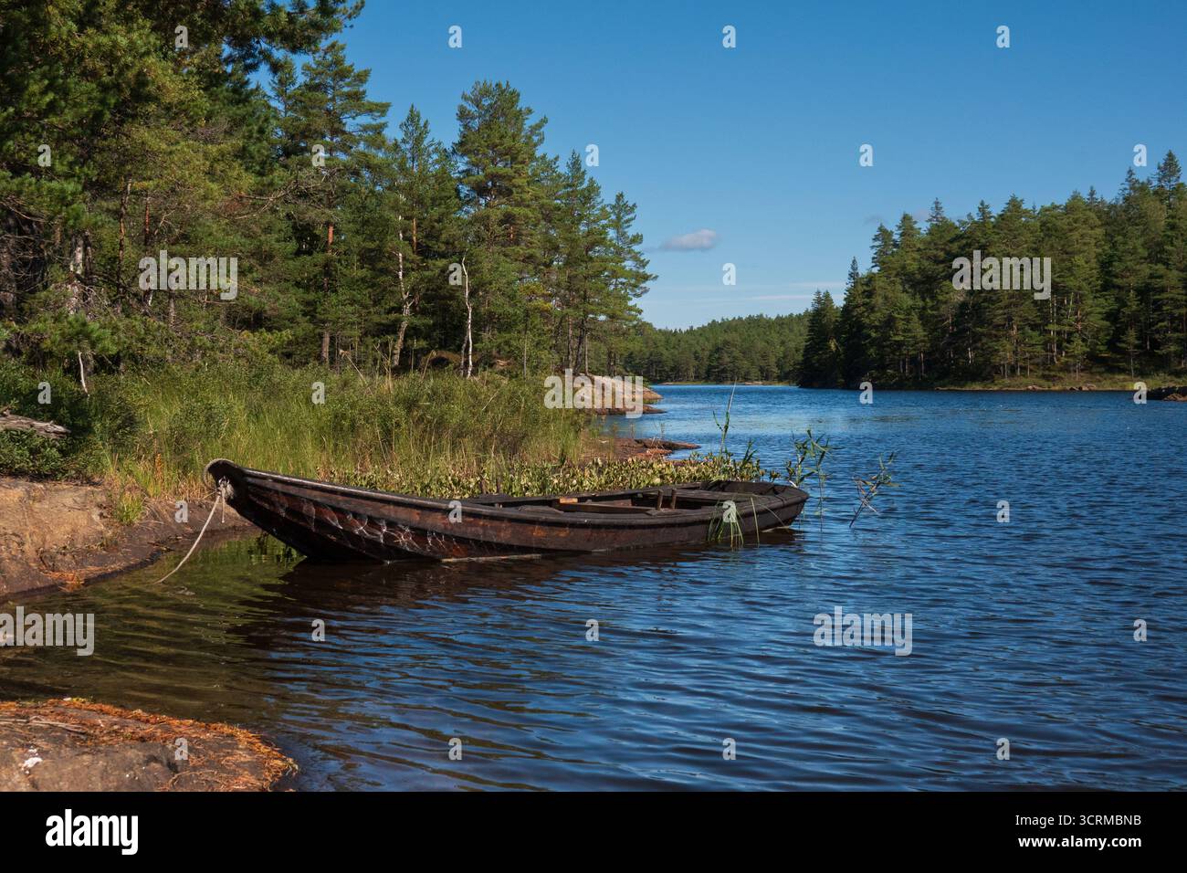 Rustic Swedish landscape, rowboat on blue lake surrounded by coniferous forest Stock Photo
