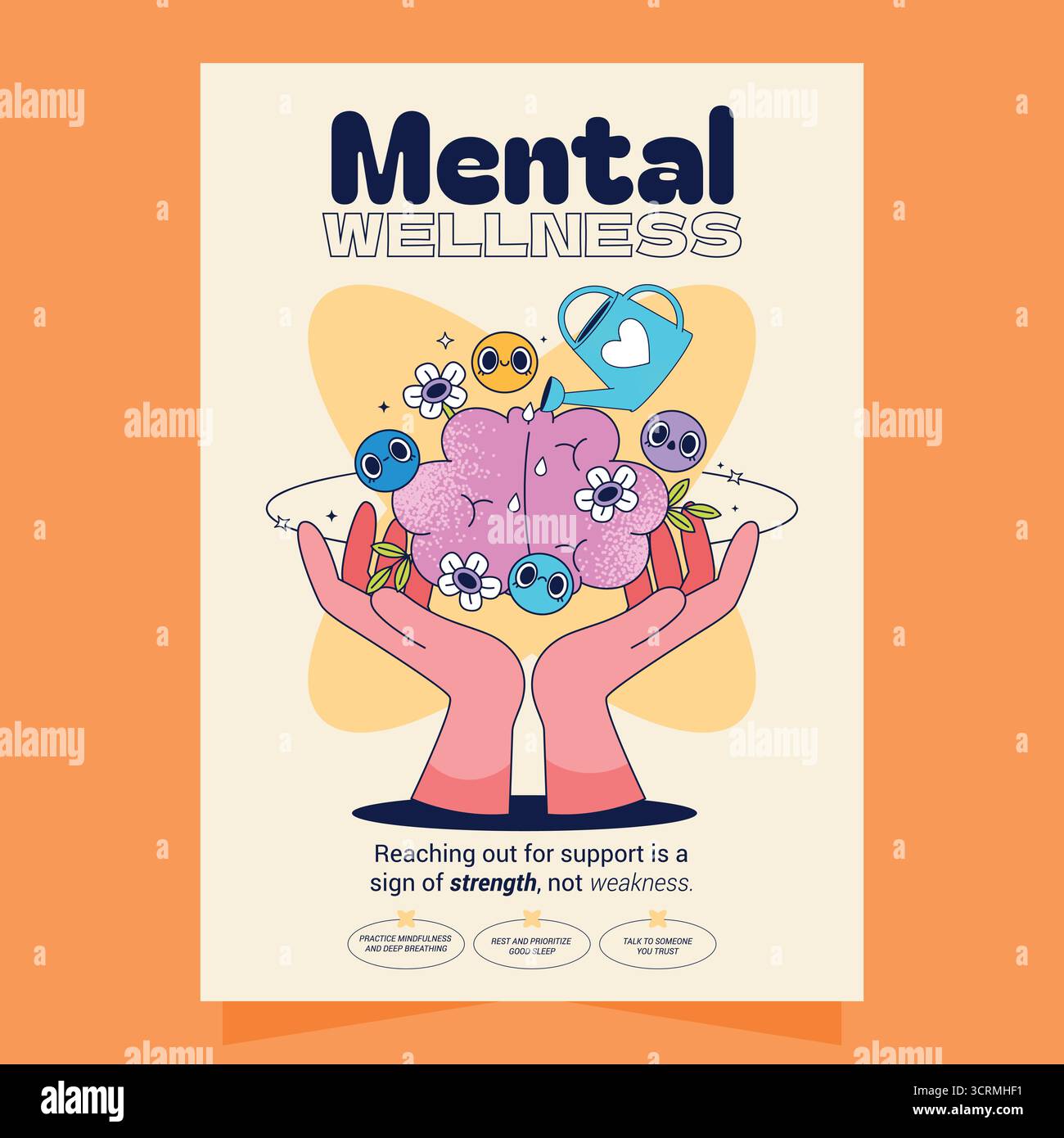 Heartwarming Poster of Hands Holding a Brain with Mental Wellness Icons Stock Vector