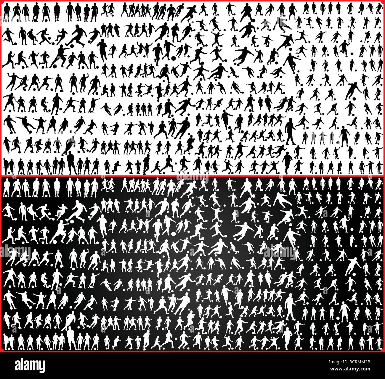 Collection of soccer player silhouettes in various poses on a contrasting background divided in half Stock Vector